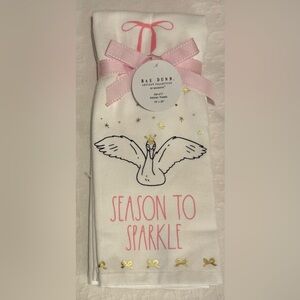 HTF Rae Dunn Pink and Gold Goose Holiday Kitchen Towels NWT